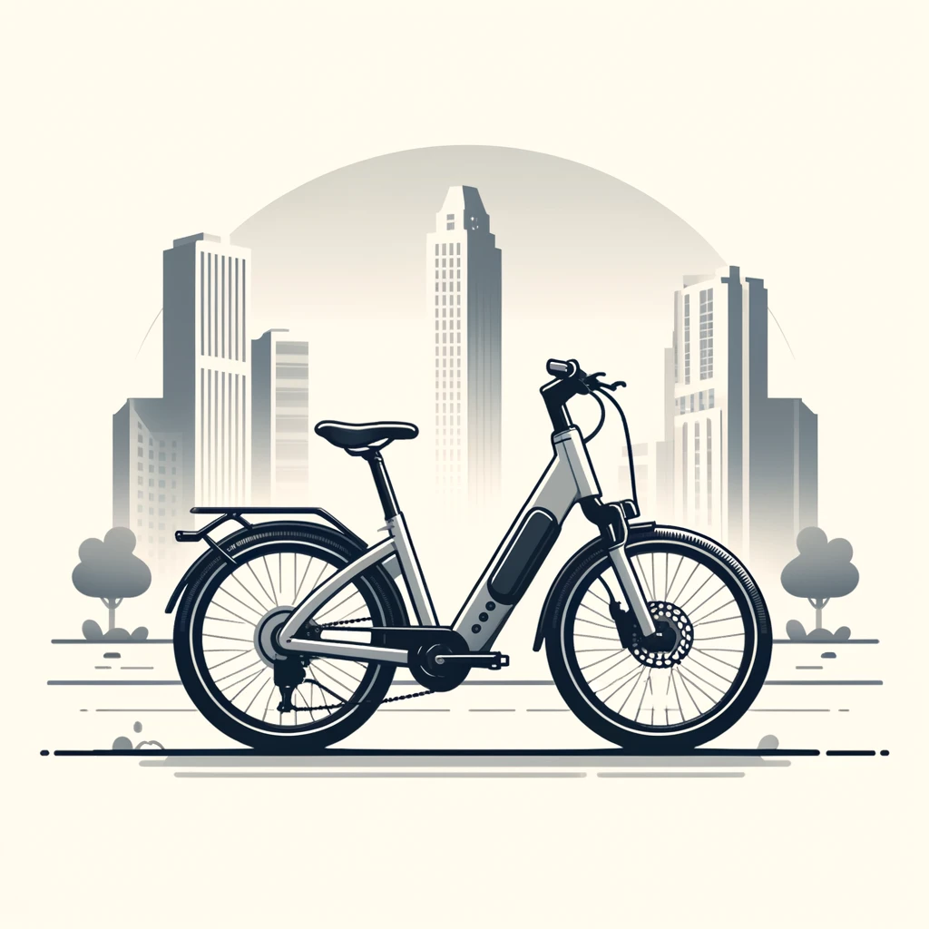 Modern electric bike on a sidewalk with cityscape background, emphasizing urban e-bike commuting. Image for illustration purposes only.